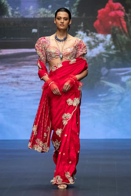 Anu Pellakuru Red Silk, Satin Pearls, Resham Floral Embroidered Saree With Embellished Blouse Online at Aza Fashions Anu Pellakuru_Red Silk, Satin Pearls, Resham Floral Embroidered Saree With Embellished Blouse _Online_at_Aza_Fashions