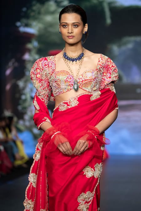 Buy Anu Pellakuru Red Silk, Satin Pearls, Resham Floral Embroidered Saree With Embellished Blouse Online at Aza Fashions Buy_Anu Pellakuru_Red Silk, Satin Pearls, Resham Floral Embroidered Saree With Embellished Blouse _Online_at_Aza_Fashions