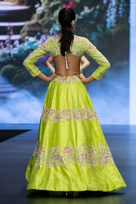 Shop Anu Pellakuru Green Silk Pearls, Sequins, Resham Floral Embroidered Lehenga With Crop Top at Aza Fashions Shop_Anu Pellakuru_Green Silk Pearls, Sequins, Resham Floral Embroidered Lehenga With Crop Top _at_Aza_Fashions