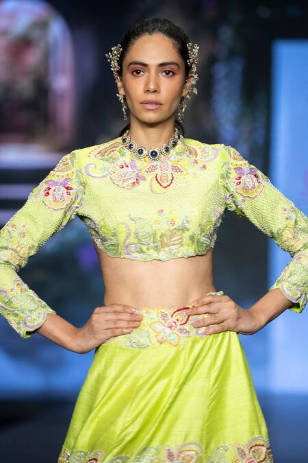 Buy Anu Pellakuru Green Silk Pearls, Sequins, Resham Floral Embroidered Lehenga With Crop Top Online at Aza Fashions Buy_Anu Pellakuru_Green Silk Pearls, Sequins, Resham Floral Embroidered Lehenga With Crop Top _Online_at_Aza_Fashions