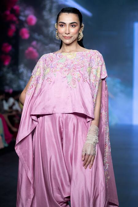 Anu Pellakuru_Purple Boat Neck Resham Embroidered Kaftan And Draped Pant Set _Online_at_Aza_Fashions