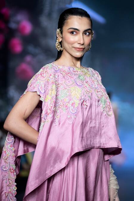 Buy_Anu Pellakuru_Purple Boat Neck Resham Embroidered Kaftan And Draped Pant Set _Online_at_Aza_Fashions