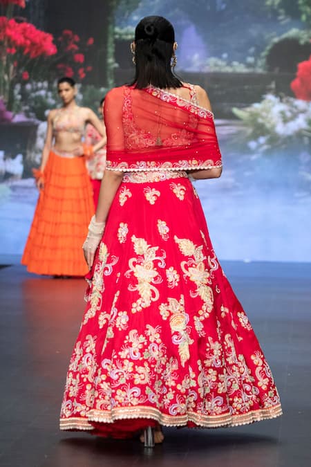 Shop Anu Pellakuru Red Satin, Organza, Silk, Net Resham Floral Embroidered Bridal Lehenga Set at Aza Fashions Shop_Anu Pellakuru_Red Satin, Organza, Silk, Net Resham Floral Embroidered Bridal Lehenga Set _at_Aza_Fashions