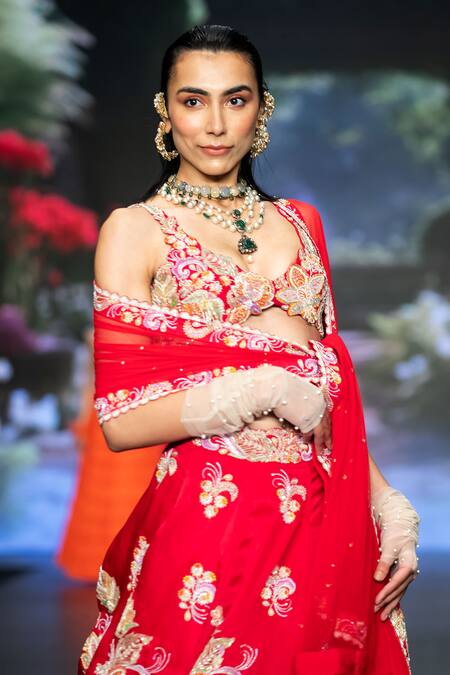 Shop Anu Pellakuru Red Satin, Organza, Silk, Net Resham Floral Embroidered Bridal Lehenga Set Online at Aza Fashions Shop_Anu Pellakuru_Red Satin, Organza, Silk, Net Resham Floral Embroidered Bridal Lehenga Set _Online_at_Aza_Fashions