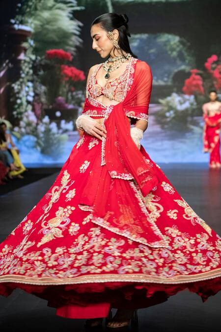 Buy Anu Pellakuru Red Satin, Organza, Silk, Net Resham Floral Embroidered Bridal Lehenga Set Buy_Anu Pellakuru_Red Satin, Organza, Silk, Net Resham Floral Embroidered Bridal Lehenga Set