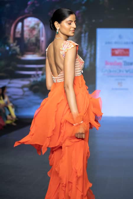 Shop Anu Pellakuru Orange Georgette, Resham Floral Embroidered Short Anarkali With Ruffle Palazzo at Aza Fashions Shop_Anu Pellakuru_Orange Georgette, Resham Floral Embroidered Short Anarkali With Ruffle Palazzo _at_Aza_Fashions