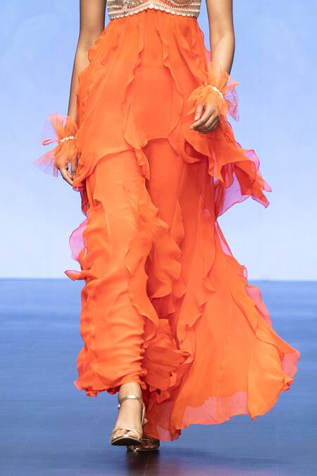 Anu Pellakuru Orange Georgette, Resham Floral Embroidered Short Anarkali With Ruffle Palazzo Online at Aza Fashions Anu Pellakuru_Orange Georgette, Resham Floral Embroidered Short Anarkali With Ruffle Palazzo _Online_at_Aza_Fashions