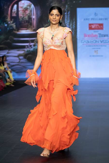 Buy Anu Pellakuru Orange Georgette, Resham Floral Embroidered Short Anarkali With Ruffle Palazzo Online at Aza Fashions Buy_Anu Pellakuru_Orange Georgette, Resham Floral Embroidered Short Anarkali With Ruffle Palazzo _Online_at_Aza_Fashions