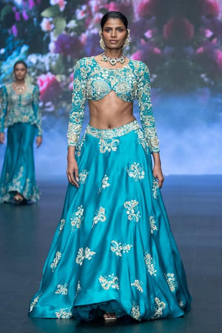 Anu Pellakuru Blue Satin, Organza, Silk Zardozi Floral Embroidered Lehenga With Cut-out Blouse 