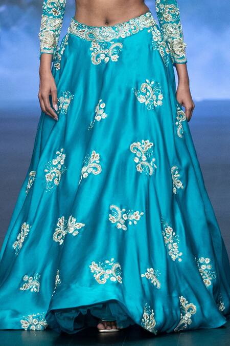 Buy Anu Pellakuru Blue Satin, Organza, Silk Zardozi Floral Embroidered Lehenga With Cut-out Blouse Online at Aza Fashions Buy_Anu Pellakuru_Blue Satin, Organza, Silk Zardozi Floral Embroidered Lehenga With Cut-out Blouse _Online_at_Aza_Fashions