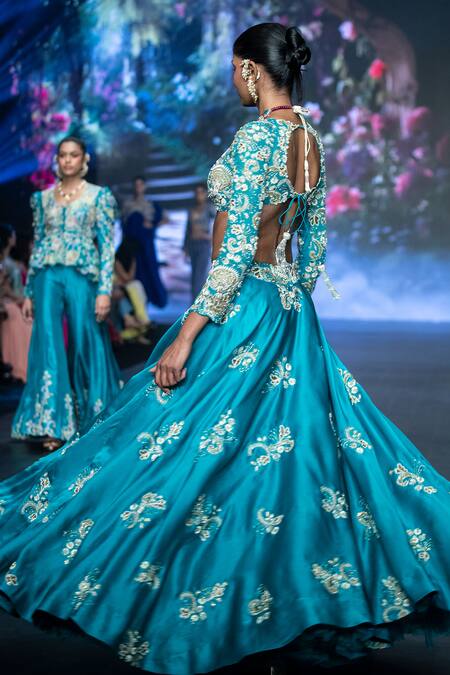 Shop Anu Pellakuru Blue Satin, Organza, Silk Zardozi Floral Embroidered Lehenga With Cut-out Blouse Online at Aza Fashions Shop_Anu Pellakuru_Blue Satin, Organza, Silk Zardozi Floral Embroidered Lehenga With Cut-out Blouse _Online_at_Aza_Fashions