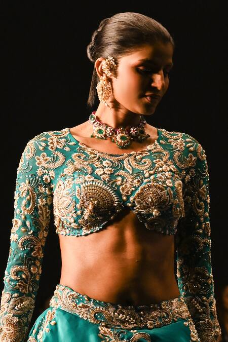 Buy_Anu Pellakuru_Blue Satin, Organza, Silk Zardozi Floral Embroidered Lehenga With Cut-out Blouse 