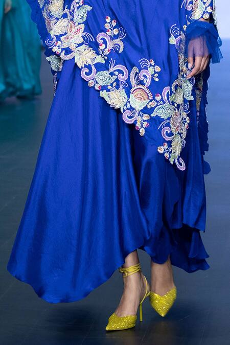 Anu Pellakuru Blue Silk Embroidery One Shoulder Asymmetric Kaftan With Draped Pant Online at Aza Fashions Anu Pellakuru_Blue Silk Embroidery One Shoulder Asymmetric Kaftan With Draped Pant _Online_at_Aza_Fashions
