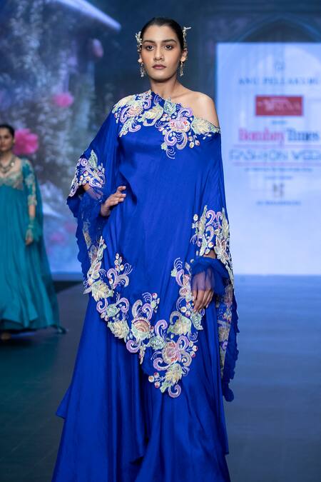 Buy Anu Pellakuru Blue Silk Embroidery One Shoulder Asymmetric Kaftan With Draped Pant Online at Aza Fashions Buy_Anu Pellakuru_Blue Silk Embroidery One Shoulder Asymmetric Kaftan With Draped Pant _Online_at_Aza_Fashions