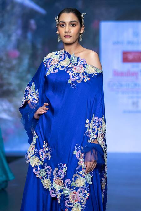 Shop Anu Pellakuru Blue Silk Embroidery One Shoulder Asymmetric Kaftan With Draped Pant Online at Aza Fashions Shop_Anu Pellakuru_Blue Silk Embroidery One Shoulder Asymmetric Kaftan With Draped Pant _Online_at_Aza_Fashions