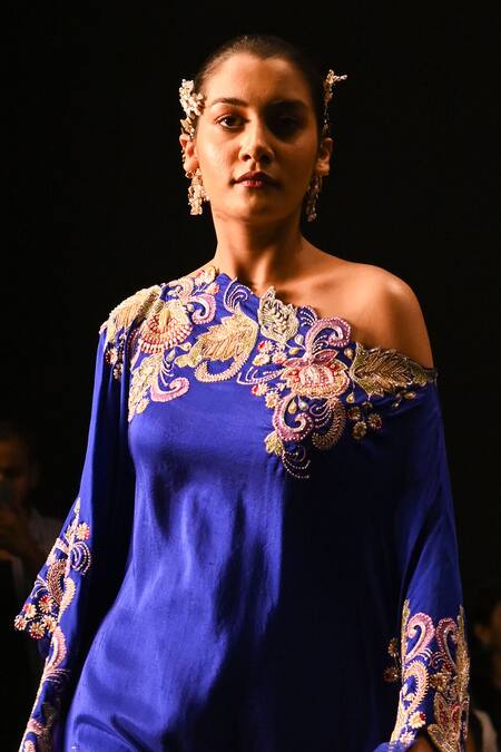 Anu Pellakuru_Blue Silk Embroidery One Shoulder Asymmetric Kaftan With Draped Pant _at_Aza_Fashions