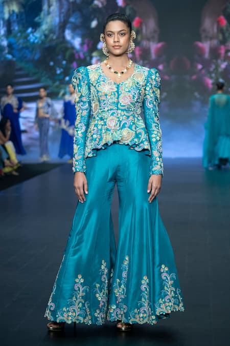 Anu Pellakuru Resham Floral Embroidered Peplum Jacket With Palazzo 