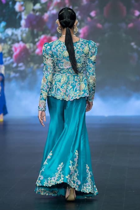 Shop Anu Pellakuru Blue Silk Pearls, Sequins, Beads, Resham Floral Peplum Jacket With Palazzo at Aza Fashions Shop_Anu Pellakuru_Blue Silk Pearls, Sequins, Beads, Resham Floral Peplum Jacket With Palazzo _at_Aza_Fashions