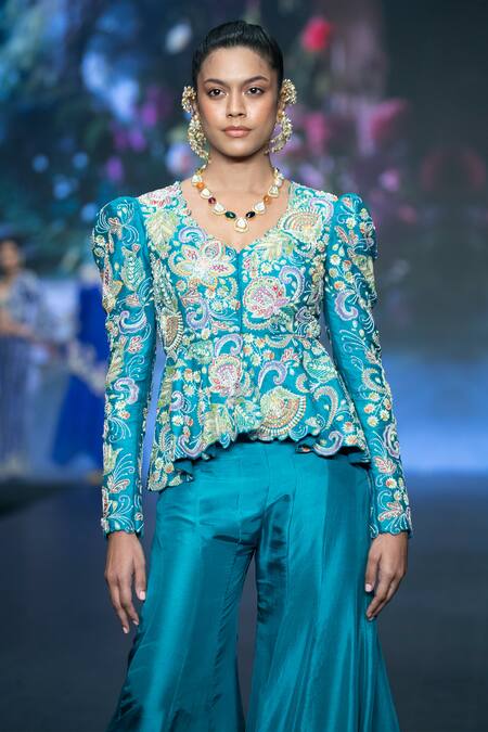 Anu Pellakuru Blue Silk Pearls, Sequins, Beads, Resham Floral Peplum Jacket With Palazzo Online at Aza Fashions Anu Pellakuru_Blue Silk Pearls, Sequins, Beads, Resham Floral Peplum Jacket With Palazzo _Online_at_Aza_Fashions