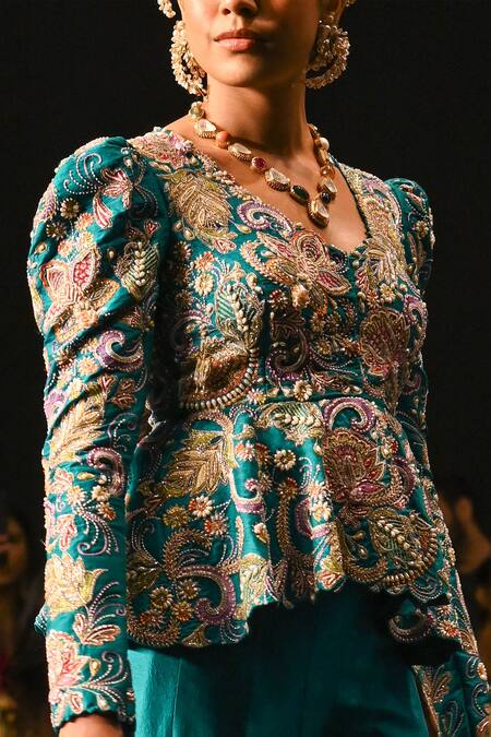 Buy_Anu Pellakuru_Blue Silk Pearls, Sequins, Beads, Resham Floral Peplum Jacket With Palazzo _Online_at_Aza_Fashions