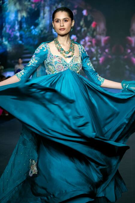 Anu Pellakuru_Blue Silk, Organza Pearls, Sequins, Beads Resham Floral Embroidered Anarkali Set _Online_at_Aza_Fashions