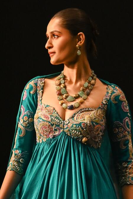 Shop_Anu Pellakuru_Blue Silk, Organza Pearls, Sequins, Beads Resham Floral Embroidered Anarkali Set _Online_at_Aza_Fashions