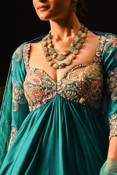 Anu Pellakuru_Blue Silk, Organza Pearls, Sequins, Beads Resham Floral Embroidered Anarkali Set _at_Aza_Fashions