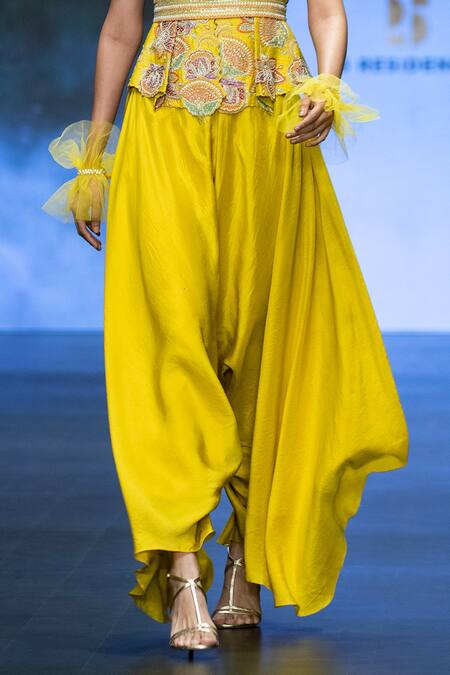 Buy Anu Pellakuru Yellow , Floral Resham Embroidered Scalloped Jacket Draped Pant Set Online at Aza Fashions Buy_Anu Pellakuru_Yellow , Floral Resham Embroidered Scalloped Jacket Draped Pant Set _Online_at_Aza_Fashions