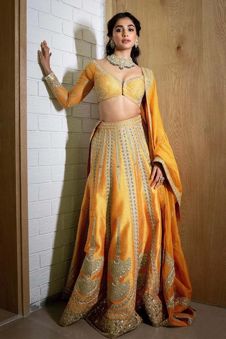 Shop_Masaba_Yellow Silk, Organza Embroidery, Diamonds, Ochre Embellished Bridal Lehenga Set _at_Aza_Fashions