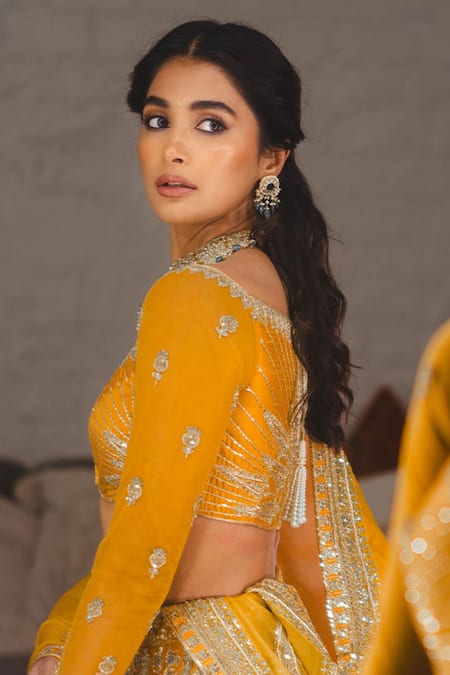 Buy_Masaba_Yellow Silk, Organza Embroidery, Diamonds, Ochre Embellished Bridal Lehenga Set _Online_at_Aza_Fashions