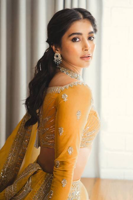 Shop_Masaba_Yellow Silk, Organza Embroidery, Diamonds, Ochre Embellished Bridal Lehenga Set _Online_at_Aza_Fashions