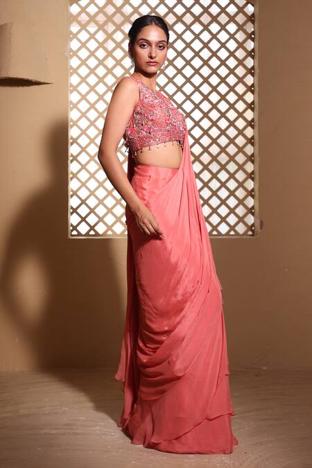 Muditaa By Urmila_Pink Organza, Chiffon Embroidery Plunge Ridah Hand Bloue With Pre-draped Saree _Online_at_Aza_Fashions