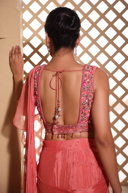 Buy_Muditaa By Urmila_Pink Organza, Chiffon Embroidery Plunge Ridah Hand Bloue With Pre-draped Saree _Online_at_Aza_Fashions