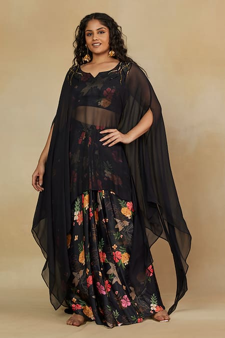 Mamicha Embroidered Neck Cape Top With Skirt 