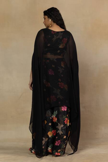Shop Mamicha Black Satin Beads Embroidered Neck Cape Top With Skirt at Aza Fashions Shop_Mamicha_Black Satin Beads Embroidered Neck Cape Top With Skirt_at_Aza_Fashions