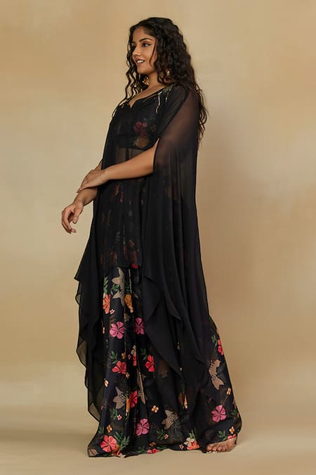 Mamicha Black Satin Beads Embroidered Neck Cape Top With Skirt Online at Aza Fashions Mamicha_Black Satin Beads Embroidered Neck Cape Top With Skirt_Online_at_Aza_Fashions
