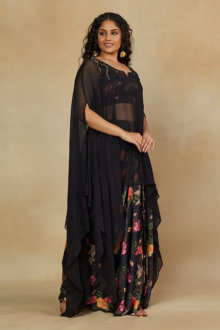Buy Mamicha Black Satin Beads Embroidered Neck Cape Top With Skirt Online at Aza Fashions Buy_Mamicha_Black Satin Beads Embroidered Neck Cape Top With Skirt_Online_at_Aza_Fashions