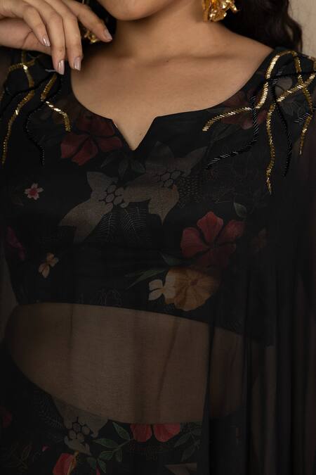 Shop Mamicha Black Satin Beads Embroidered Neck Cape Top With Skirt Online at Aza Fashions Shop_Mamicha_Black Satin Beads Embroidered Neck Cape Top With Skirt_Online_at_Aza_Fashions