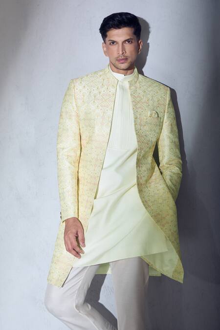 Shop Aariyana Couture Cream Polyester Embroidery Sherwani Jacket Kurta Set Online at Aza Fashions Shop_Aariyana Couture_Cream Polyester Embroidery Sherwani Jacket Kurta Set_Online_at_Aza_Fashions