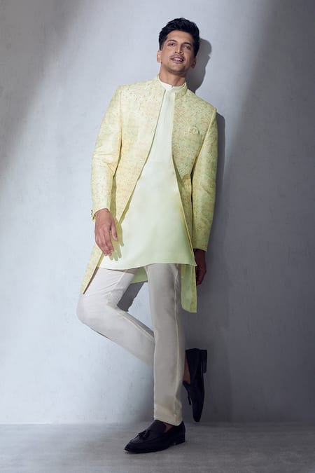 Shop Aariyana Couture Cream Polyester Embroidery Sherwani Jacket Kurta Set Shop_Aariyana Couture_Cream Polyester Embroidery Sherwani Jacket Kurta Set