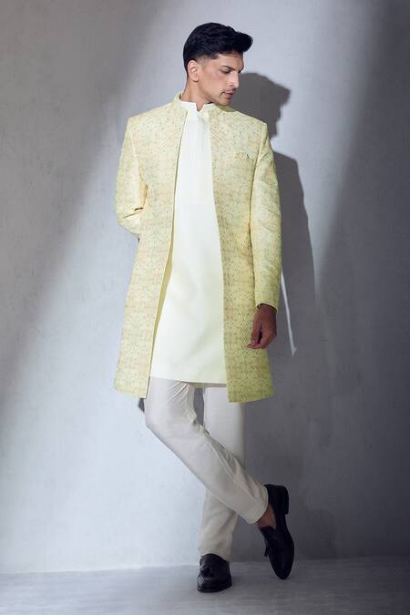 Shop Aariyana Couture Cream Polyester Embroidery Sherwani Jacket Kurta Set at Aza Fashions Shop_Aariyana Couture_Cream Polyester Embroidery Sherwani Jacket Kurta Set_at_Aza_Fashions