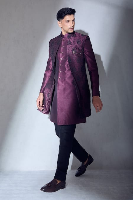 Aariyana Couture_Wine Silk Embroidery Floral Sherwani Jacket Kurta Set_Online_at_Aza_Fashions