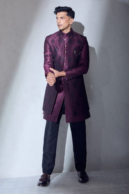 Buy_Aariyana Couture_Wine Silk Embroidery Floral Sherwani Jacket Kurta Set_Online_at_Aza_Fashions