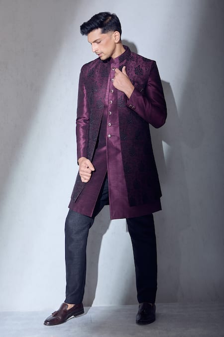 Shop_Aariyana Couture_Wine Silk Embroidery Floral Sherwani Jacket Kurta Set_Online_at_Aza_Fashions
