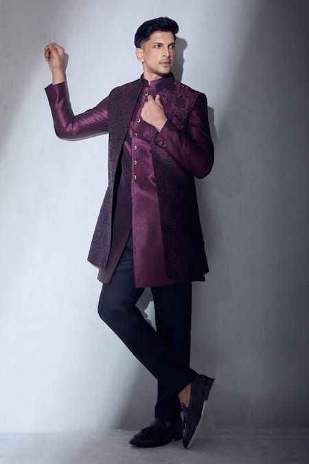 Buy_Aariyana Couture_Wine Silk Embroidery Floral Sherwani Jacket Kurta Set