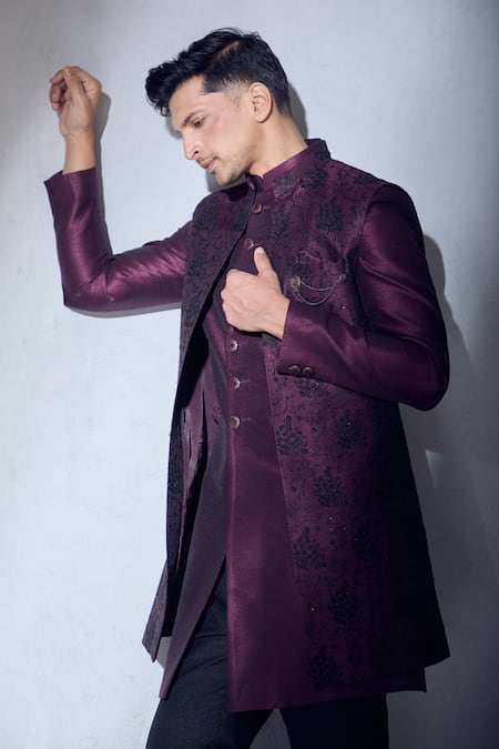 Shop_Aariyana Couture_Wine Silk Embroidery Floral Sherwani Jacket Kurta Set