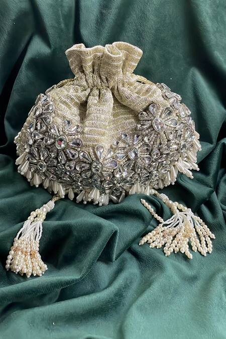 Bhavna Kumar Gold Pearls, Sequins Kundan Bloom Embellished Potli Bag Online at Aza Fashions Bhavna Kumar_Gold Pearls, Sequins Kundan Bloom Embellished Potli Bag_Online_at_Aza_Fashions