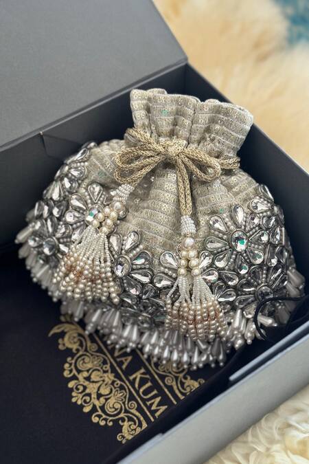 Shop Bhavna Kumar Gold Pearls, Sequins Kundan Bloom Embellished Potli Bag at Aza Fashions Shop_Bhavna Kumar_Gold Pearls, Sequins Kundan Bloom Embellished Potli Bag_at_Aza_Fashions