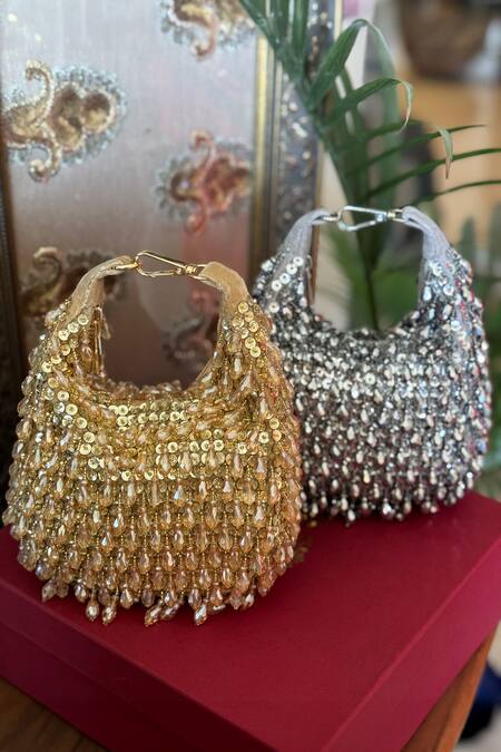 Buy_Bhavna Kumar_Gold Crystal Crescent Bag _Online_at_Aza_Fashions