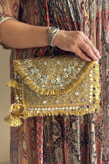 Shop Bhavna Kumar Gold Gota Patti, Mirrors, Sequins Sheesh Bloom Embellished Clutch at Aza Fashions Shop_Bhavna Kumar_Gold Gota Patti, Mirrors, Sequins Sheesh Bloom Embellished Clutch_at_Aza_Fashions